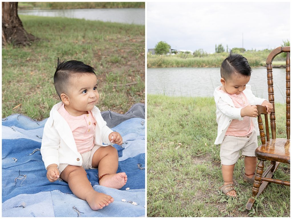 one year old boy sitting by a pond